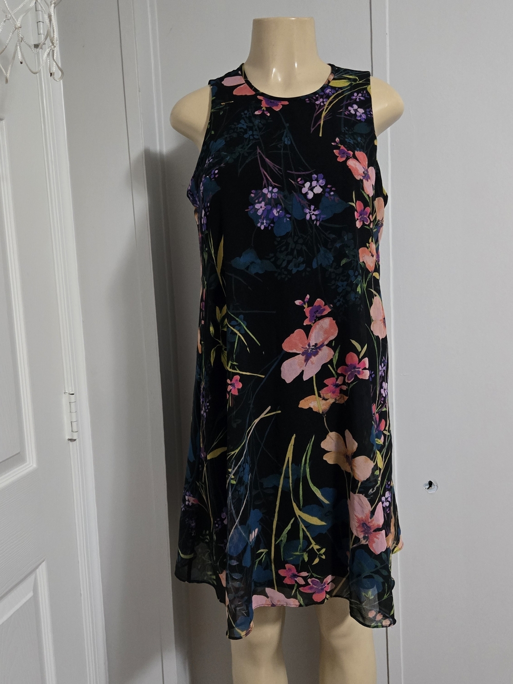 Calvin Klein Black Floral Sleeveless Swing Dress with Pink & Purple Blooms